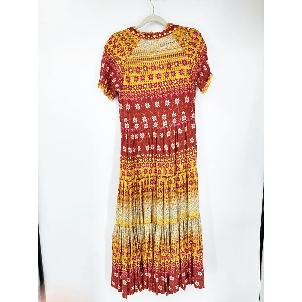Free People Rare Feelings Maxi Dress S Red Yellow Boho Floral Summer Festival